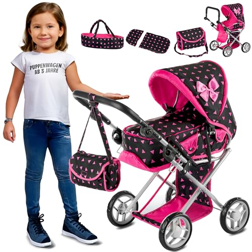 Puppenwagen Babypuppenwagen KP0200R Schwarz-Rosa Kinderwagen Puppe Sportsitz NEU Puppenkar höhenverstellbar, zusammenklappbar, 4-rädriger Puppenwagen Kombi Tragetasche Babypuppenwagen