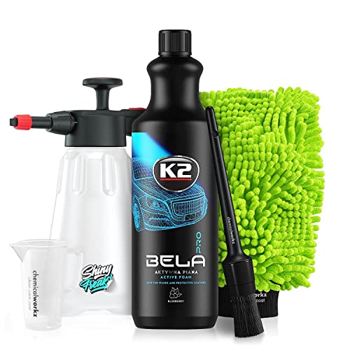 K2 Bela Pro Blueberry Aktivschaum (1L) - Hochkonzentrierter Snow Foam inkl. Waschhandschuh & Schaumsprüher - Für eine schonende Autowäsche - Vorreiniger, Shampoo, pH-neutral, waschen, reinigen | 5-tlg