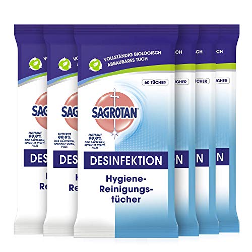 Sagrotan Hygienereinigungstücher – Für die praktische Reinigung und Desinfektion von Oberflächen – 6 x 60 Feuchttücher in wiederverschließbarer Verpackung