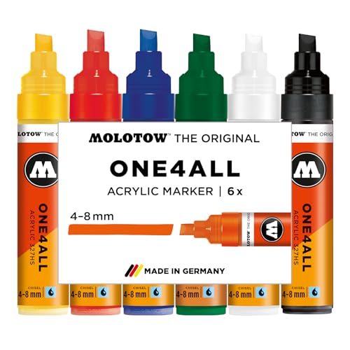 Molotow One4All 327HS Acryl Marker Basic Set 1 (4,0-8,0 mm Strichstärke, hochdeckend und permanent, schnell trocknend, nachfüllbar, für fast alle Untergründe) 6 Stück sortiert
