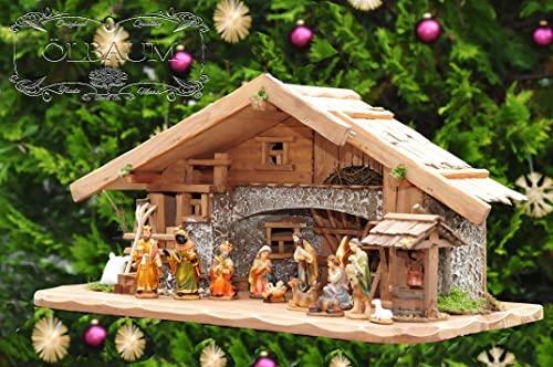 XXXL 100 cm Weihnachtskrippe, mit Brunnen-Set + Dekor, Massivholz historisch braun, antik gebeizt - mit 12 x PREMIUM-Krippenfiguren + Engel,