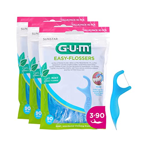 GUM EASY-FLOSSERS gewachste Zahnseide im Halter/Ergonomisch geformte Zahnseidesticks für eine einfache Anwendung von Zahnseide/Minzgeschmack / 3er Vorteilspack (3 x 90 Stück)
