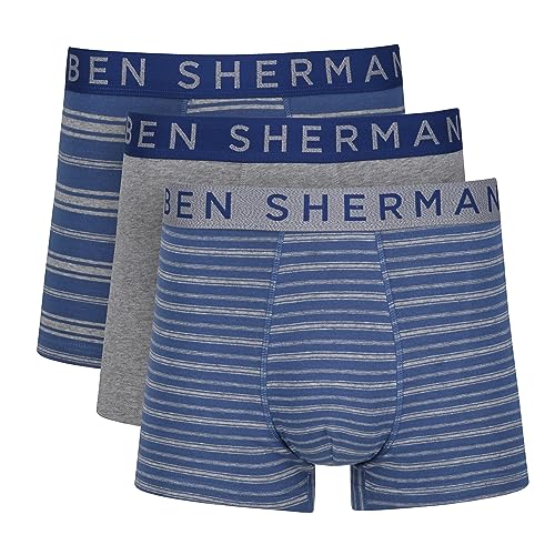 Herren Ben Sherman Boxershorts in Marineblau/Gestreift/Grau | Trunks aus weicher Baumwolle mit elastischem Bund | Bequeme und atmungsaktive Unterwäsche - Dreierpack