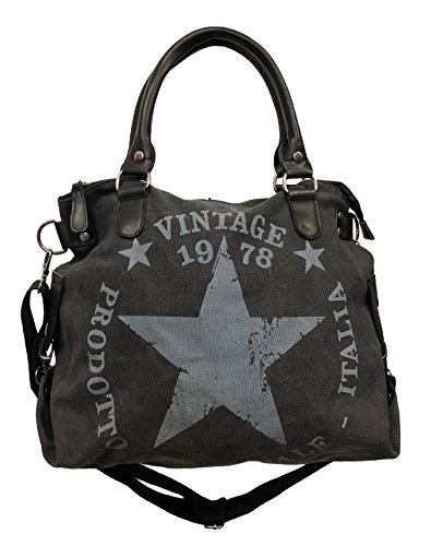 JameStyle26 Star Bag Vintage Stern Damen Stamp Tasche Fashion Shopper Henkeltasche Canvas Stoff, Schwarz, Maße: L: 45cm H: 42cm B: 18cm