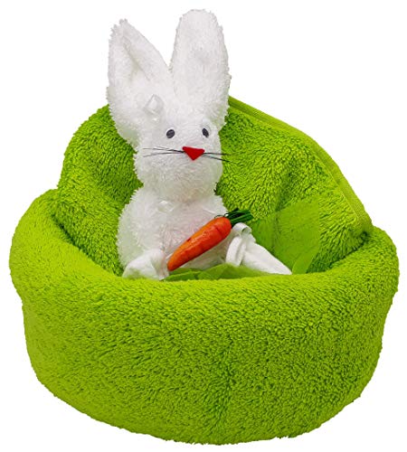 Frotteebox Geschenk Set Hase im Nest in Handarbeit geformt aus 1x Handtuch grün (100x50cm) und 1x Waschhandschuh weiß