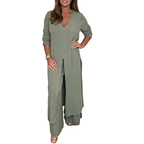 Casual Two Pieces Suit with Long Top & Matching Trouser, Plus Size Comfortable Women's 2 Piece Outfits, Solid V-Neck Slit Hem Shirt Wide-Leg Pants Set. (L, Green)