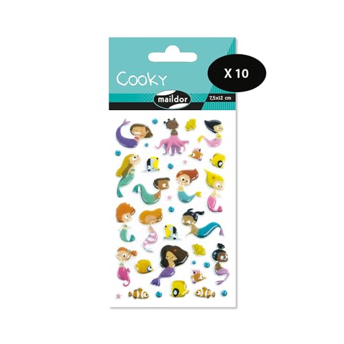 Maildor CY104Cpack – eine Packung mit 3D-Aufklebern Cooky, 1 Bogen 7,5 x 12 cm, Meerjungfrauen (36 Aufkleber), 10 Stück