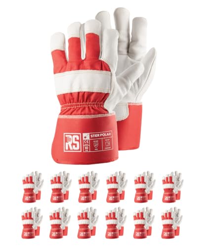 RS STIER POLAR Montage-Handschuhe aus Vollrindleder und Baumwollgestrick/Größe 9, 12 Paar/Rot Weiß/Montagehandschuhe/Arbeitshandschuhe Leder/Lederhandschuhe Schutzhandschuhe