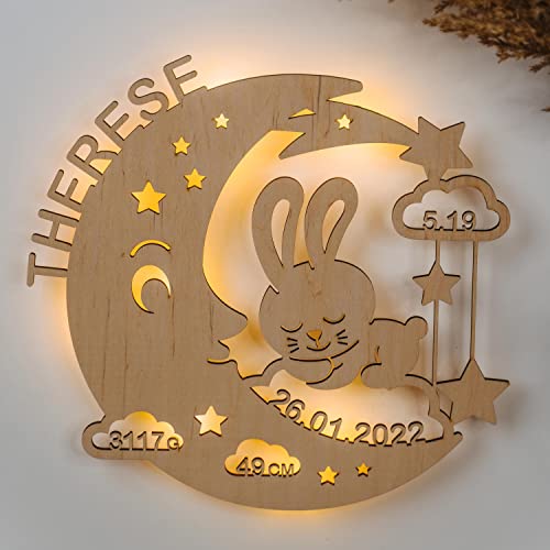 LAUBLUST Schlummerlicht Mond-Hase - Personalisiertes Baby-Geschenk zur Geburt & Taufe - LED Beleuchtung | Natur