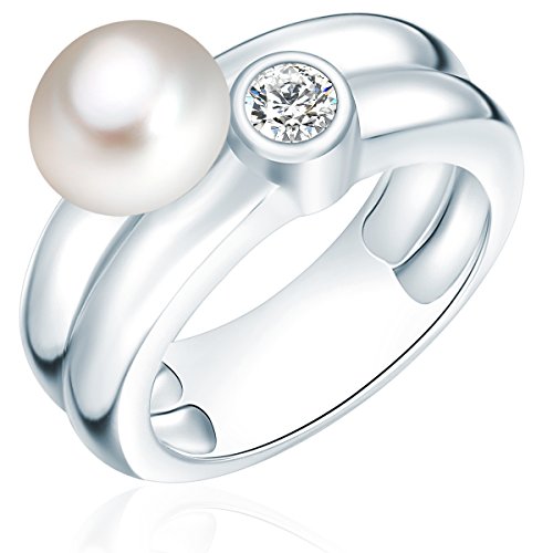 Valero Pearls Damen-Ring 925 Silber rhodiniert Zirkonia Perle Süßwasser-Zuchtperle Weiß Gr. 50 (15.9) - 609250311