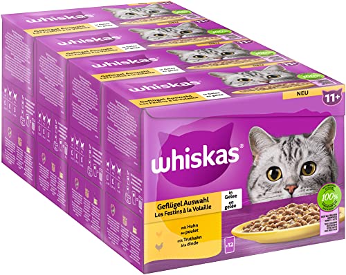 Whiskas 11+ Katzenfutter Geflügel Auswahl in Gelee, 12x85g (4 Packungen) – Hochwertiges Nassfutter ab dem 11. Lebensjahr in 48 Portionsbeuteln