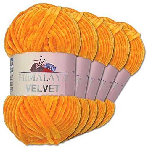 Wohnkult Himalaya 5 x 100 g Velvet Dolphin Wolle 40 Farben zur Auswahl Chenille Strickgarn Glanz Flauschgarn Accessoire Kleidung (90068 | Orange)