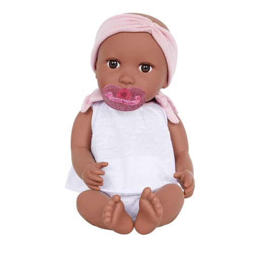 Babi BAB7227Z Baby Kleidung in Pink Weiß und Schnuller – Weiche 36 cm Puppe mit warmem Hautton und braunen Augen – Spielzeug ab 2 Jahren