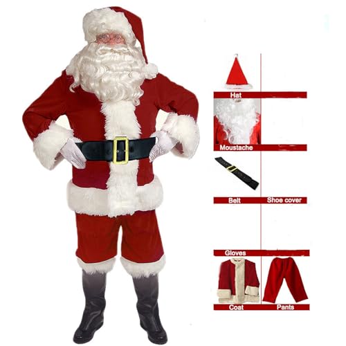 EXQUILEG Weihnachtsmann Kostüm für Herren, Weihnachtsmannkostüm mit Mütze Bart Gürtel und Handschuhe - Weihnachtskostüm Nikolauskostüm Weihnachtskostüme Kostüme (5-Teiliges,Durchschnittsgröße)