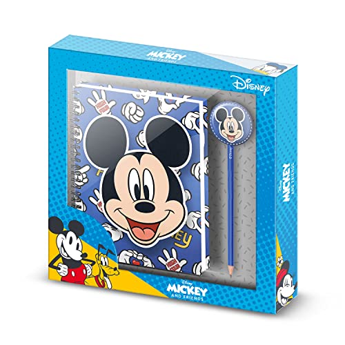 Micky Maus Grins-Geschenkbox mit Notizbuch und Fashion Bleistift, Blau