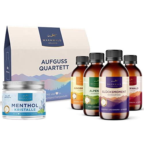 Saunaaufguss - Sauna Mentholkristalle mit natürlichen ätherischen Ölen - Saunaöl - Saunaduft (Warmwald QUARTETT + MENTHOLKRISTALLE)