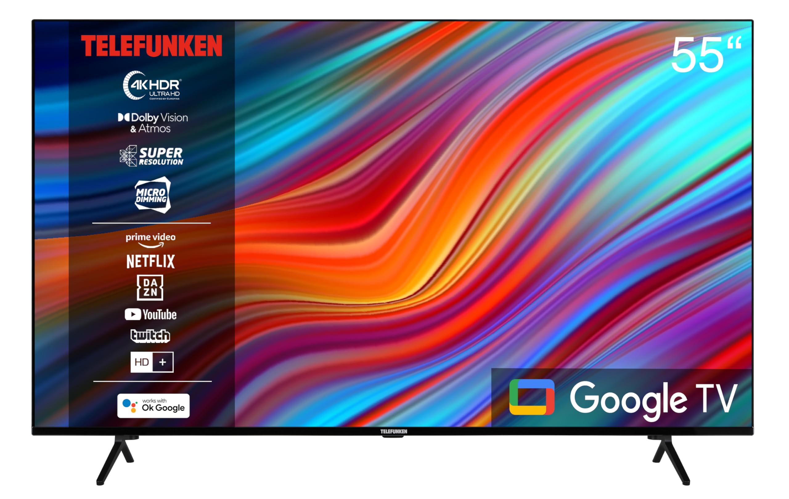 Telefunken Google TV 55 Zoll Fernseher (4K UHD Smart TV, HDR Dolby Vision, Triple-Tuner, Dolby Atmos, HD+ 6 Monate inkl.) XU55GA660S