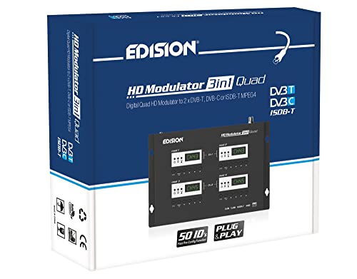 EDISION HDMI Modulator 3in1 Quad, 4X HDMI auf Terrestrisch DVB-T, ISDB-T oder Kabel DVB-C MPEG4, 3 AUSWÄHLBARE Modulations-Ausgangssignale, Full HD Verteilung über Koaxial, Plug and Play