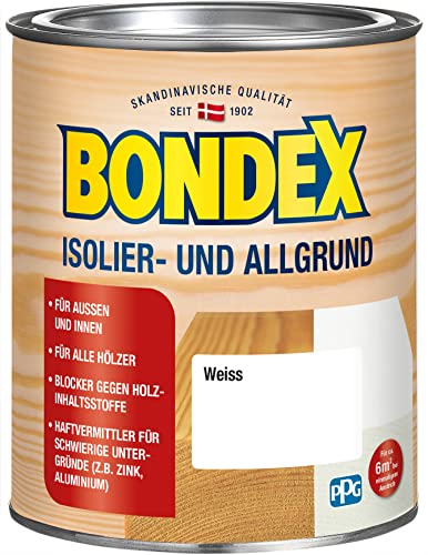 Bondex Isolier- und Allgrund Weiß 0,75 L für 6 m² | Schutz vor Verfärbungen | Haftvermittler für schwierige Untergründe | Blocker gegen Holzinhaltsstoffe | Matt | Grundierung | Holzgrundierung