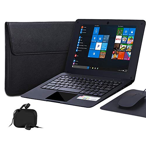 Windows 10 Laptop 25,7 cm (10,1 Zoll) Quad Core Notebook schlank und leicht Mini Netbook Computer mit Netflix YouTube Bluetooth WiFi Webcam HDMI und Laptoptasche, Maus, Mauspad und Kopfhörer (schwarz)