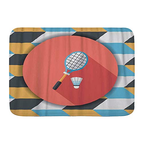 SUHETI Badteppich, Badmintonschläger und Ball, flaches Symbol mit langem Schatten, Plüsch-Badezimmerdekor-Matten mit rutschfester Unterseite, 74,9 x 44,5 cm