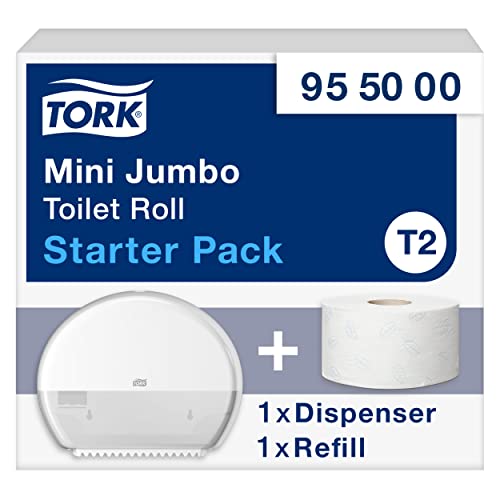 Tork 955000 Tork Starter Pack für Mini Jumbo Toilettenpapier in Weiß inkl. 1 Rolle Tork weiches Mini Jumbo Toilettenpapier T2