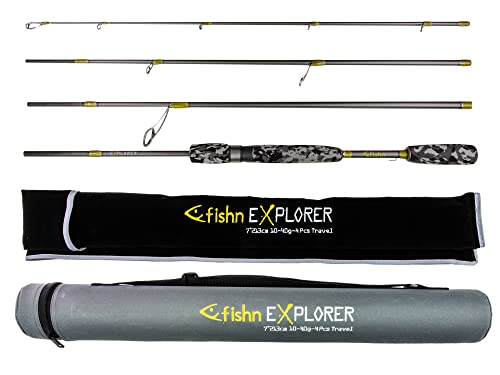 FISHN Spinnrute Explorer Reiserute - 213cm, Wurfgewicht 10-40gram 4-Teilig mit Travel Tube zum Spinnfischen auf Forelle, Lachse, Hecht, BArsch