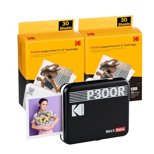 KODAK P300 Mini 3 Retro, Mobiler Handy Fotodrucker, Kompatibel mit Smartphone (iOS & Android), Bluetooth, 76x76 mm, 4Pass-Technologie, Laminierung, 68 Blatt, Schwarz