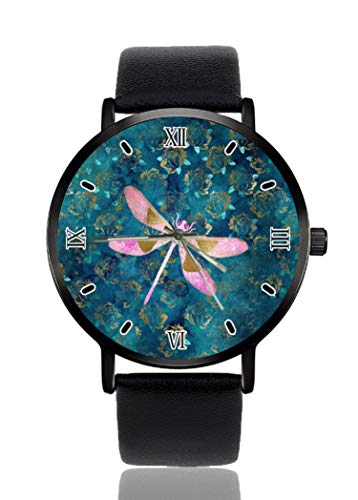 Armbanduhr für Damen und Herren, personalisierbar, leger, schwarzes Lederband, Unisex Rosa Rose Gold Libelle auf Türkis Blau