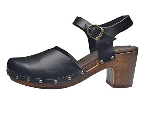 Sanita Non Wood Solaima Leder Sandale | Original handgemacht für Damen | Fußbett mit weichem Schaum | Verstellbarer Knöchelriemen | Schwarz | 38 EU