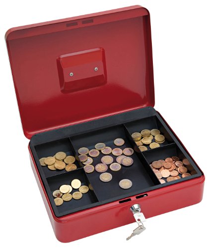 Wedo 145402X Geldkassette (aus pulverbeschichtetem Stahl, versenkbarer Griff, 5-Fächer-Münzeinsatz, Sicherheits-Zylinderschloss, 30 x 24 x 9 cm) rot