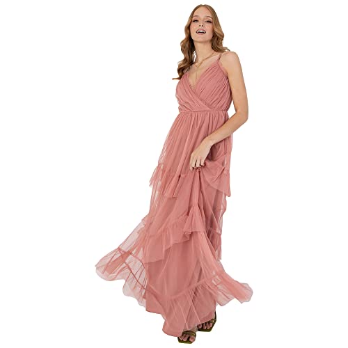 Anaya with Love Damen Ladies Maxi Cami Dress For Womens Strappy Tiered Ruffle Frilly Faux V Neckline Long For Bridesmaids Kleid, Rosa, 40 EU