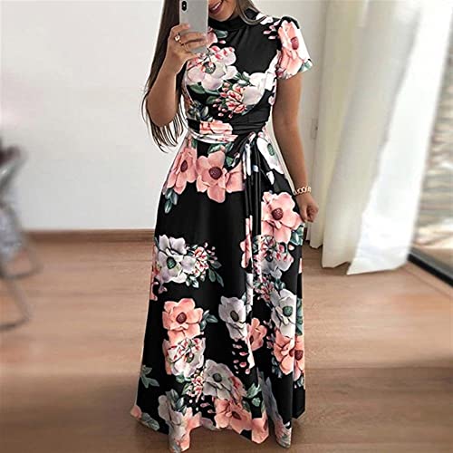 Damen-Rockkleid, Damen-Frühlings- und Sommerkleid, großes, lässiges, langärmliges, hochgeschlossenes Kleid mit Blumendruck (Color : TS-8031-D02, Size : XXXL)