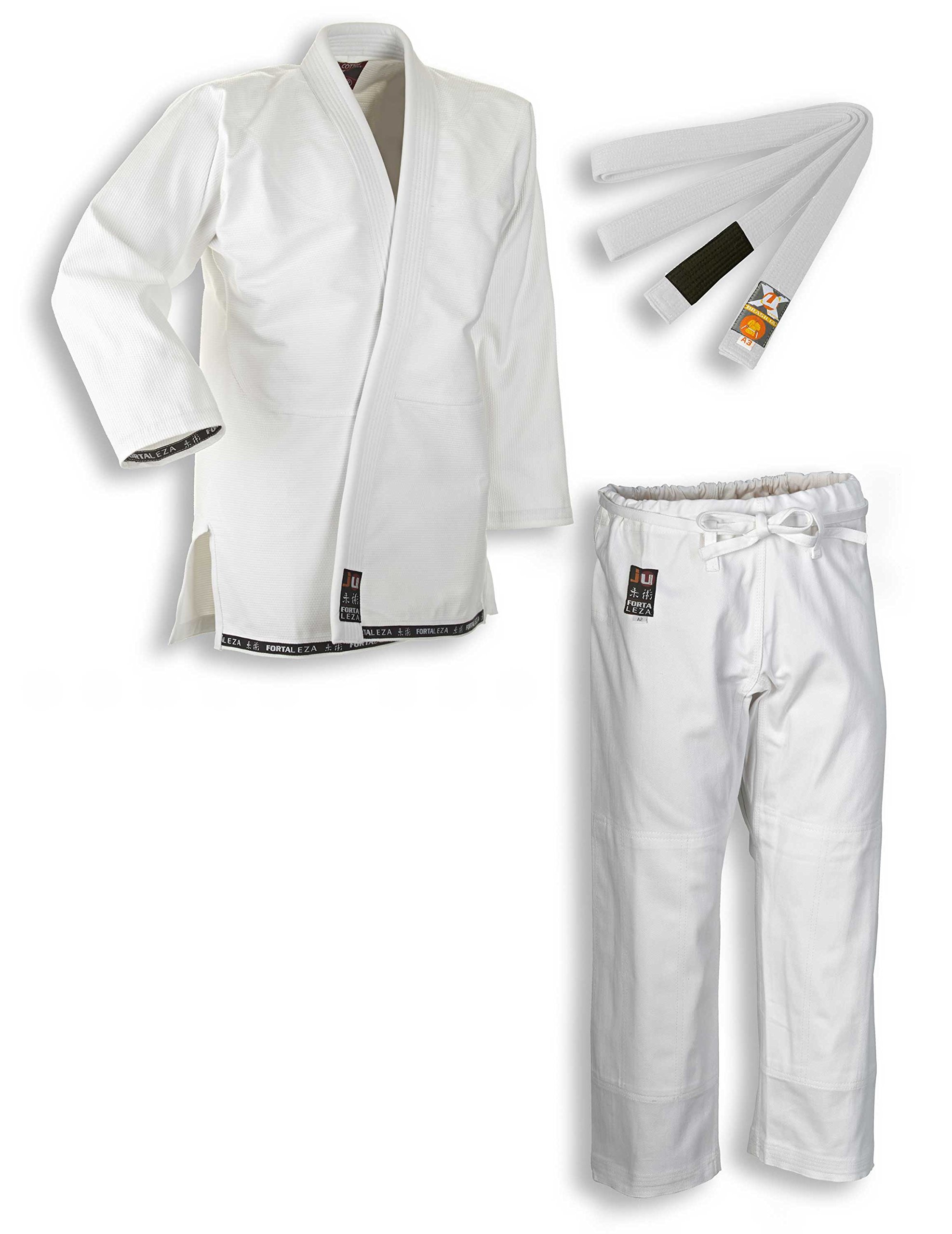 Ju-Sports BJJ Starter Gi Fortaleza Weiß + BJJ Gürtel Weiß A4 I Leichter & solider Brazilian Jujutsu Anzug für Einsteiger I BJJ Gi Herren I 100% Baumwolle