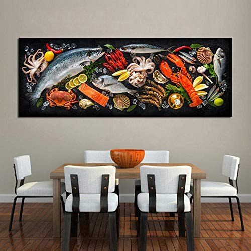 dsdsgog Wandkunst mit Fisch- und Meeresfrüchte-Motiven in der Küche, auf Leinwand, Poster und Drucke, Bilder für das Esszimmer, 60 x 180 cm, rahmenlos