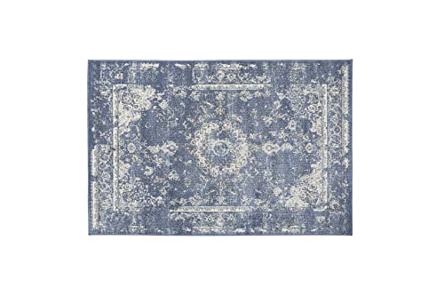 LIFA LIVING 133 x 200 cm Blauer Vintage Teppich für Flur, Wohnzimmer & Schlafzimmer, Wohnzimmerteppich mit Muster Orientalisch, Carpet Rug aus weicher Wolle