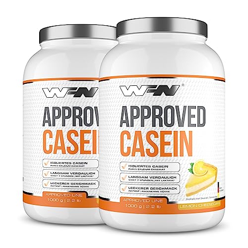 WFN Approved Casein - Casein Proteinpulver - Lemon Cheesecake - 2x 1 kg - Cremiger Casein Protein Shake - Sehr gut lösliches Kasein Eiweißpulver - 66 Portionen - Made in Germany - Extern laborgeprüft