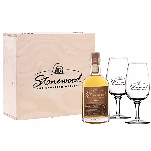 Stonewood Whisky Geschenkset, Präsent-Holzkiste mit 2 Tasting-Gläser, Woaz Whisky 0,35 Liter, 7 Jahre