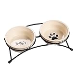 Tamkyo Doppelnapf-Set, Keramik, Futternapf, Geschirr mit Metallhalterung, für Katzen und Hunde, Weiß