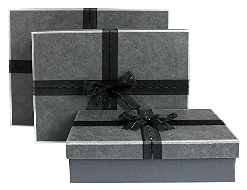 Emartbuy Set mit 3 stabilen Geschenkboxen, dunkelgraue Box mit dunkelgrauem Deckel, brauner Innenseite und schwarzem Stoffband