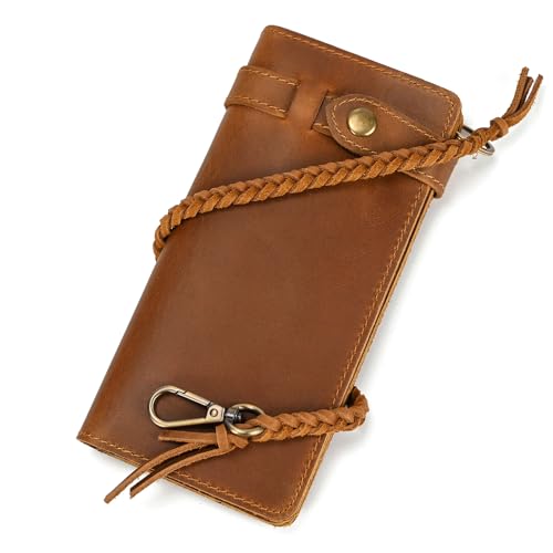 Echtes Leder Lange Brieftasche mit Reißverschluss Tasche Vintage Bifold Scheckheft Geldbörse (Chain Wallet3)