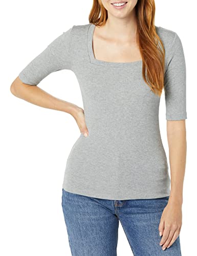 Amazon Aware Damen Geripptes T-Shirt aus Modal mit ellenbogenlangen Ärmeln und quadratischem Ausschnitt (in Übergröße erhältlich), Grau Meliert, XL