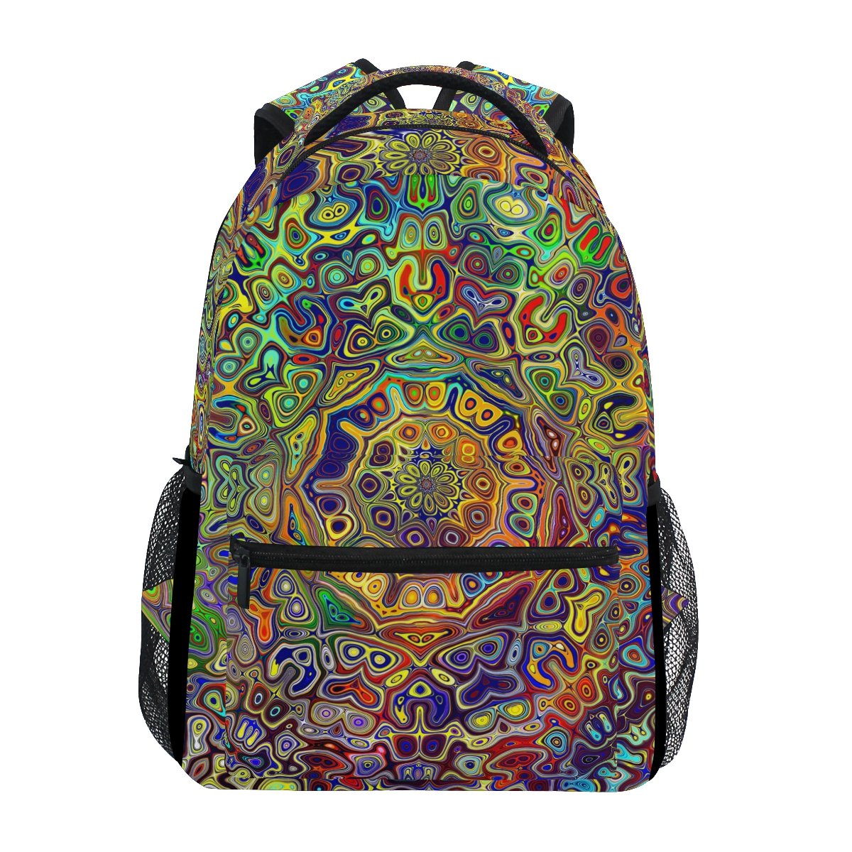 TIZORAX farbiger Rucksack mit psychedelischem Mandala-Fraktal, Schulrucksack oder Büchertasche, auch zum Wandern und Reisen.