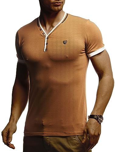Leif Nelson Herren T-Shirt V-Ausschnitt Weißes Kurzarmshirt Sweatshirt Kurzarm Longsleeve Basic Sommer Shirt Slim Fit LN1330 XL Camel