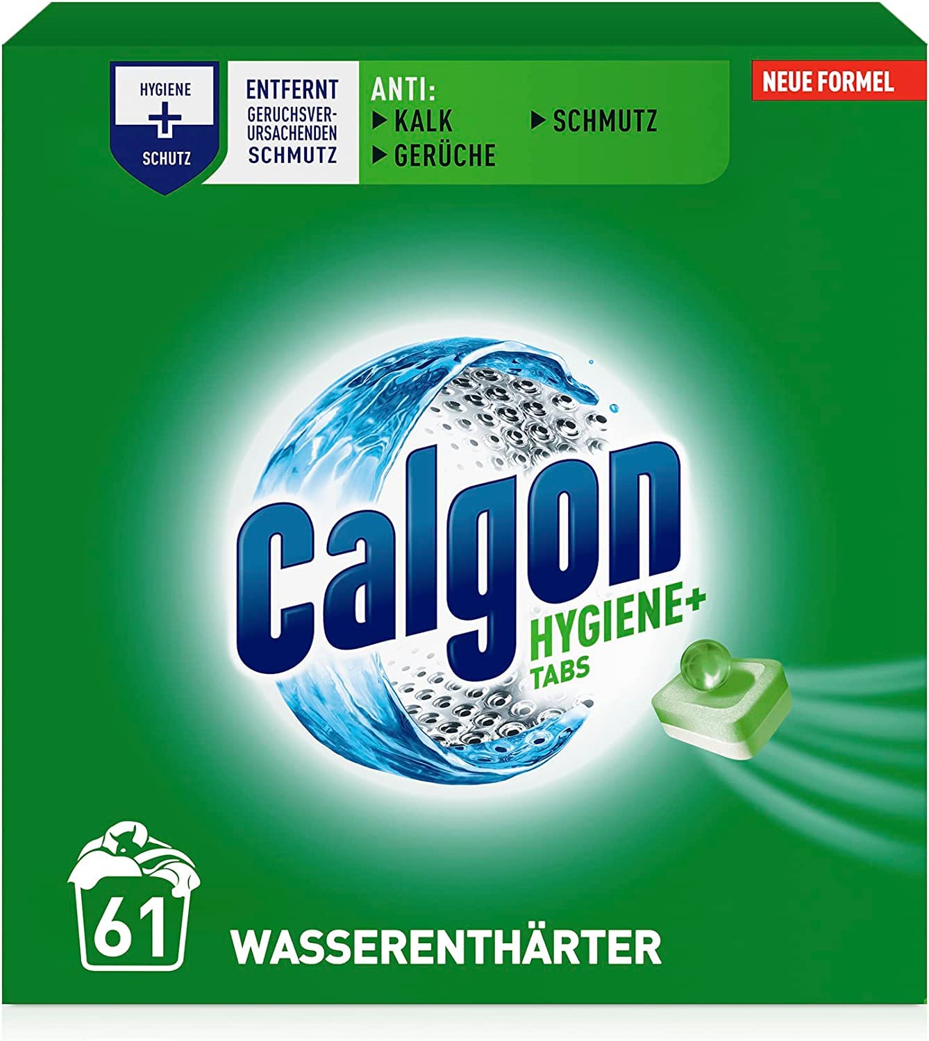 Calgon Hygiene+ Tabs – Schutz vor Kalkablagerungen und Schmutz – Wasserenthärter mit Hygieneschutz für die Waschmaschine – 4 x 61 Tabs