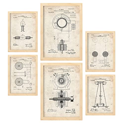 Nacnic Set von 6 Plakaten mit Strom 2 Patenten. Plakate mit Retro-Patentabbildungen. Inneneinrichtung im Vintage-Stil. Grösse A4 und A3. Mit Rahmen.