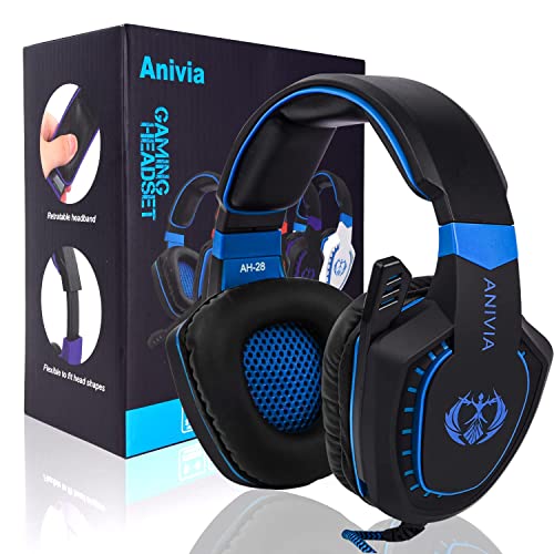 Anivia Computer-Over-Ear-Kopfhörer, kabelgebunden, mit Mikrofon, aktualisiert, AH28, 3.5 mm, Stereo-Headset, Gaming-Headset mit Lautstärkeregler, geräuschisolierend, Schwarz,Blau