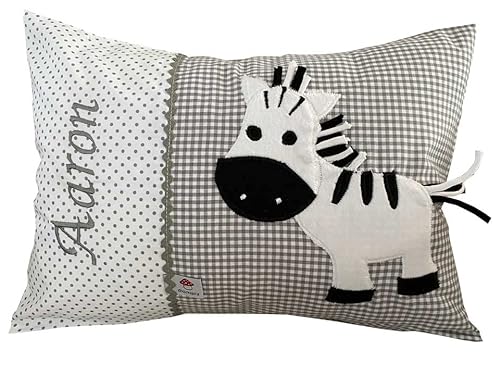 Glückspilz Namenskissen personalisiert, Babykissen mit Namen Bestickt, Zebra, Grau, 30 x 45 cm