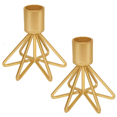 Geometrischer Draht-Kerzenhalter Kerzenhalter 2er-Set, dekorativer Kerzenständer für Hochzeit, Abendessen, Party, passend für 1,9 cm Dicke Kerzen und LED-Kerzen (Metall-Kerzenständer, Gold)