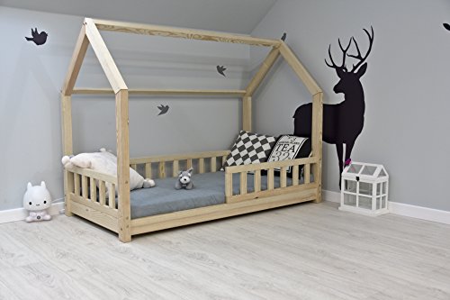 Best For Kids Kinderbett Kinderhaus mit Rausfallschutz Jugendbett Natur Haus Holz Bett mit oder ohne 10 cm Matratze in 8 Größen (90x200 cm mit Matratze)